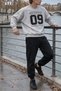 Athletics 09, Typography Number Print, Melange Grey, 2-Piece Unisex Sweatshirt and Jogger Set. - 2