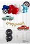 Retro Race Car Birthday Set - Pinterest Cars Theme - 2 Retro Race Cars - Checkers - Wheel-Shaped Foil Balloons, Blue and Red Balloons