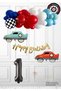 Retro Race Car Birthday Set - Pinterest Cars Theme - 2 Retro Race Cars - Checkers - Wheel-Shaped Foil Balloons, Blue and Red Balloons