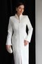 Premium Long White Maxi Dress with a V-Collar Detail, Deep Slit, Padded Shoulders, and Button Details