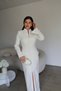 Premium Long White Maxi Dress with a V-Collar Detail, Deep Slit, Padded Shoulders, and Button Details - 6