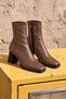 Women's Milk Coffee-Colored, Square-Toed, Leather, Plain, Side-Zip Closure, Thick Heel, Stretch Ankle Boots