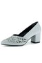 Patricia Silver Satin Stone Mesh Pointed Toe Thick Heeled Classic Shoes - 4