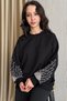 Loose-Fit 100% Cotton Sweatshirt with Black Sleeves embellished with beads and stones - 3