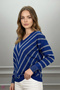 Women's Navy Blue V-Neck V Sim Striped Lycra Thin Knitwear Soft Textured Sweater