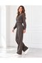 Women's Two-Piece Set: Soft-Textured Jacket with Bomber Collar, Long Sleeves, Snap Buttons, and Pockets, and Soft-Textured, Comfortable-Fit Pants with Elastic Waistband, Drawstring, and Wide Legs, in Brown.
