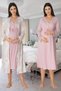 New Season Powder-Print Lace-Detailed Button-Up Nursing-Friendly Long-Sleeved Postpartum and Maternity Robe and Nightgown Set
