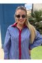 Women's Long-Sleeved Shirt with Blue and White Stripes, Red Collar, and Cuffs and Button Placket Details - 6