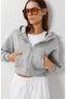 Women's Gray 3-Ply Basic Soft Hooded Zip-Up Cropped Sweatshirt - 3