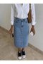 Women's Washed High-Waisted Long Midi Denim Skirt, Straight Cut - 5