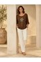 Italian-Style Crew Neck Basic Long-Sleeve Blouse with Floral and Sequin Details - 2
