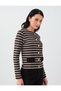 Round-Neck Soft-Touch Knit Cardigan with Black Striped Pattern - 5