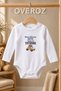 "Auntie" Printed Baby Bodysuit—White Long-Sleeved Bodysuit with Wooden Car Print 6127