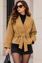 Women's camel suede-textured V-neck oversized jacket with double buttons, buckled belt, and belted design - NBK020 - 2