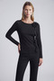 Women's Boat Neck 3D Flower Appliqué Detail Slim Fit Long-Sleeve Blouse & T-Shirt, Black - 2