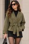 Women's Khaki Suede-Textured V-Neck Double-Buttoned Belted Oversized Jacket NBK020 - 5
