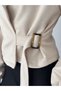 Women's Suede Double-Breasted Wrap Neckline Blazer with Side-Tie and Buckled Details - 4