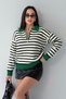 Women's Green Striped Zip-Up Polo Collar Sweater