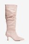 Women's Suede Boots with Ruched Detail, Pointed Toe, Short, Stiletto Heel, and Zipper Closure—Ziska Taupe Color