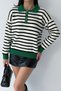 Women's Green Striped Zip-Up Polo Collar Sweater - 6