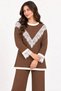 Women's Two-Piece Set with a Crew Neck Featuring Lace Details on the Front and Sleeve Ends, Paired with Corded Fabric Knit Pants