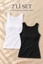 Basic Women's Cotton Tank Top with Corded Fabric Straps and Ribbed Hem - Black & White 2-Piece Set - 2