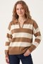Women's Camel Cream Striped Polo Collar Sweater