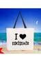 I Love Eskişehir Black Canvas Beach Bag with Handles, 48x40m, Printed Shoulder Bag, Shopping