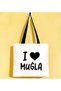 I Love Muğla Black Gabardine Fabric Bag with Handles, 40x35 cm, Printed Shoulder Bag, Shopping Bag