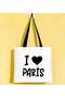 I Love Paris Black Gabardine Fabric Bag with Handles, 40x35 cm, Printed Shoulder Bag, Shopping Bag