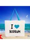 I Love Bodrum Turquoise Canvas Beach Bag with Handles, 48x40m, Printed Shoulder Bag, Shopping