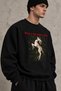 Men's Oversized Black Printed Sweatshirt, 3-Ply Brushed Inside, Thick Fabric, Crew Neck, Streetwear - 3