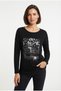Women's Black Long-Sleeved Gilded Blouse with Print