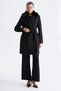 Black Double-Breasted Coat with Fur Collar and Belted Design
