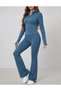 Premium Petrol Blue Trending Colors, Thumbholes, Zipper, Mock Neck, Flared Pants Women's Sweatsuit - 2