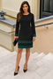 Women's Boat Neck Long-Sleeved Short Dress with Double-Stripe Hem Detail in Contrasting Colors, Straight Cut - 4