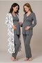 Women's Long-Sleeved Lace-Trimmed Pajama Set with a Charcoal Grey Pattern, Designed for Easy Breastfeeding, for New Mothers and Expectant Mothers - 2