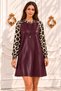 Women's Long-Sleeved, Crew Neck, Leopard Print, Sleeve Detail, Mini-Length Leather Dress