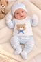 Newborn Boy 5-Piece Hospital Discharge Set – Blue Striped Pattern Baby Clothing Set with Teddy Bear Print