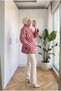 Women's Red Tunic Jacket with Vertical Stripes and a Metal Buckled Belt - 3