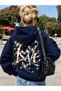 Navy Blue "Love" Butterfly-Printed 3-Ply Shade Oversized Hooded Sweatshirt