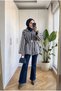 Women's Navy Blue Tunic Jacket with Vertical Stripes and a Metal Buckled Belt - 2