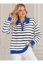 Blue Striped Oversized Women's Knit Sweater with Polo Collar and Zipper