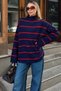 Navy Blue Cyra Mock Neck Striped Oversized Spanish-Sleeve Women's Knit Sweater