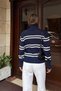 Navy Blue Yely Double-Striped, Two-Way Zipper, Mock Neck Women's Knit Cardigan - 6