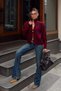 Burgundy Yely Double-Striped, Two-Way Zipper, Mock Neck Women's Knit Cardigan - 2