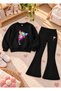 Girls' Flared Leggings Set with Crew Neck Printed Sweatshirt—3-Ply Brushed Inside Winter Cotton Set