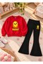 Girls' Flared Leggings Set with Printed Crew Neck Sweatshirt—3-Ply Brushed Inside Winter Cotton Set