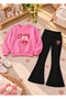 Girls' Flared Leggings Set with Printed Crew Neck Sweatshirt—3-Ply Brushed Inside Winter Cotton Set