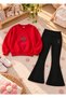 Girls' Flared Leggings Set with Crew Neck Printed Sweatshirt—3-Ply Brushed Inside Winter Cotton Set